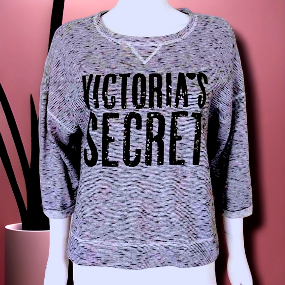 VS Crewneck Sweatshirt 3/4 Sleeve Heather Gray Black Sequin Logo on Front Size L - Picture 10 of 10